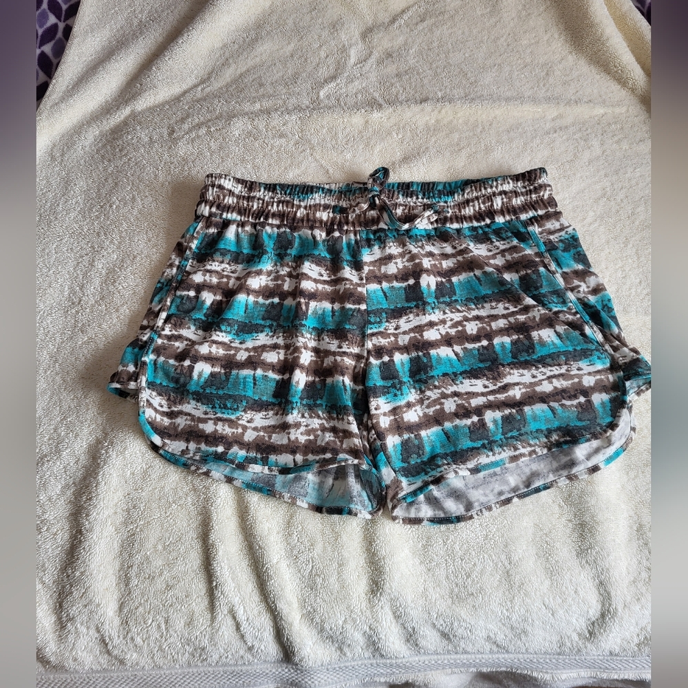 Raya Sun Blue and Brown Athletic Shorts with Elastic Waistband Large NWOT